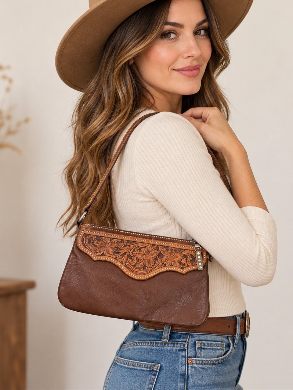 Handmade Tooled Leather Purse Brown Floral Western Boho Shoulder Bag Vintage